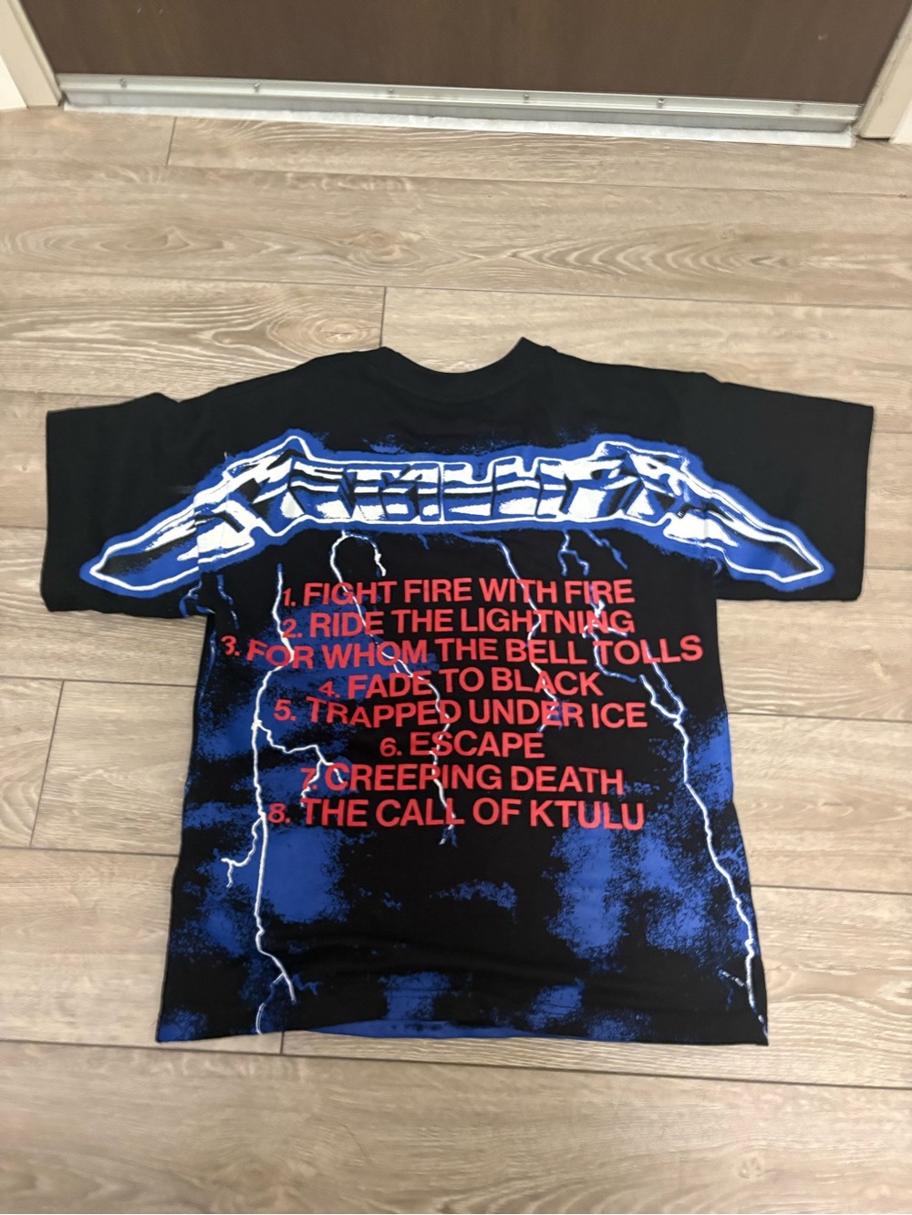 Black Graphic Short-Sleeve Tee with Blue and Red Lightning Print